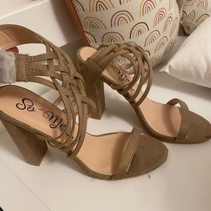 Nude stacked heel sandal
